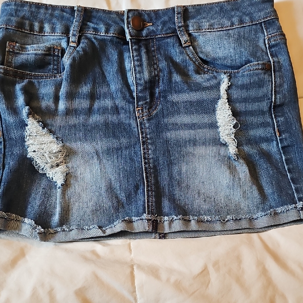 Dollhouse Blue Distressed Mini Skirt